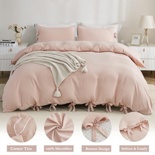 Image of annadaif Pink Duvet Cover King Size (104x90 Inch), 3 Pieces Bowknot Ultra Soft Washed Microfiber Bow Tie Duvet Cover Set, Easy Care Bedding Set for Men, Women, Boys and Girls