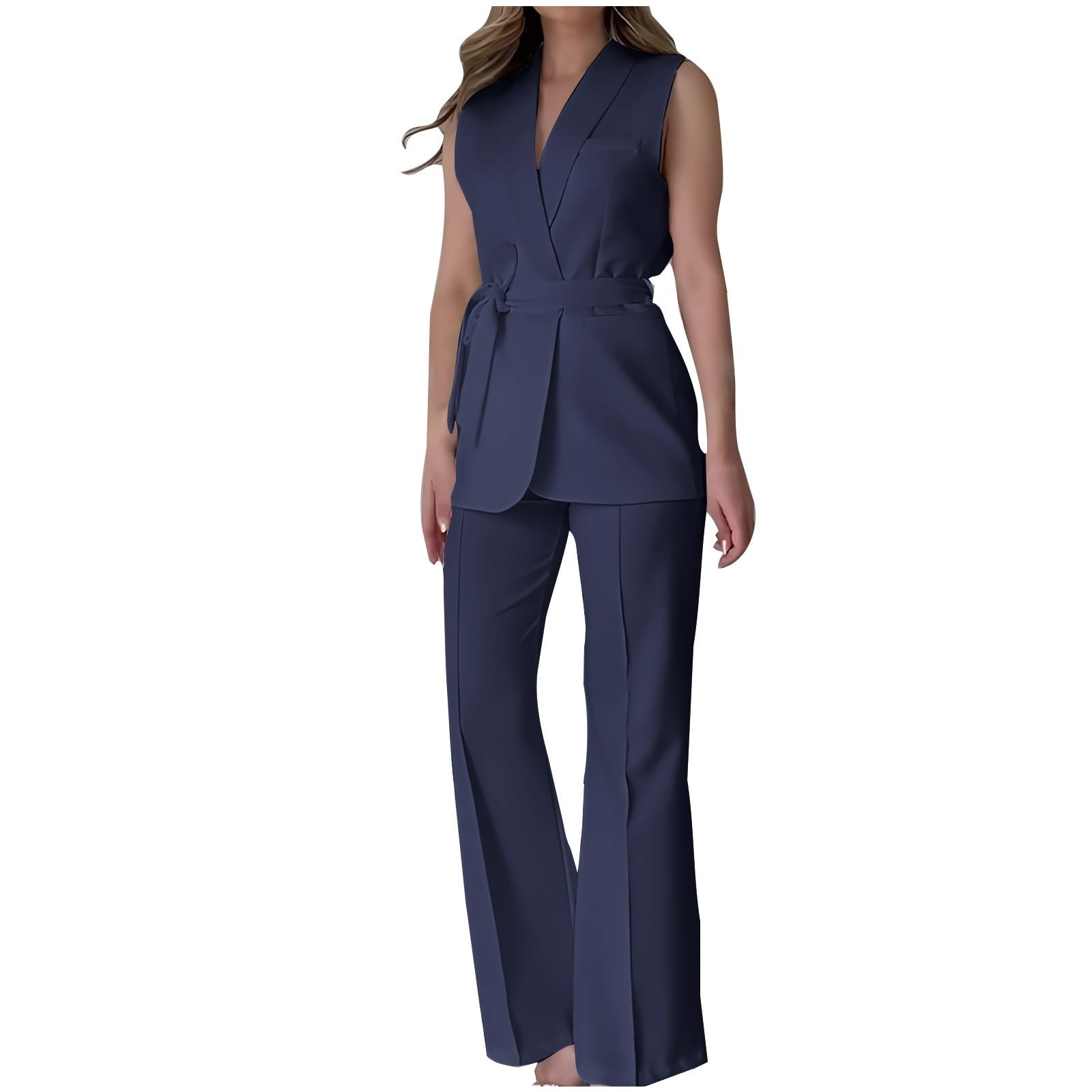 HGps8w Two Piece Outfits for Women Dressy Blazer Sets Sleeveless Belted Suit Vest Pencil Pants Business Suits with