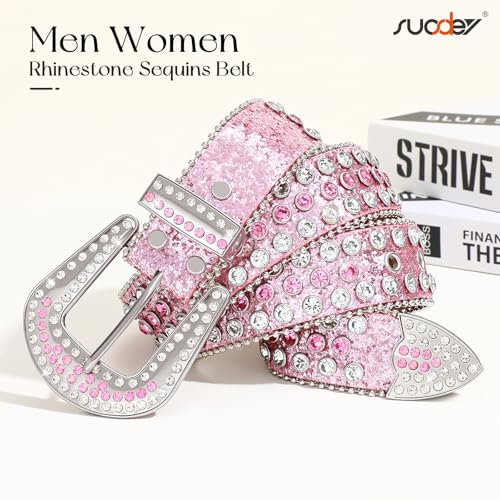 Image of Women Fashion Rhinestone Belt SUOSDEY Western Cowgirl Bling Studded Design Leather Diamond Belt for Jeans Dress, 07-pink(silver Buckle), S：fits pants size 28''-32''