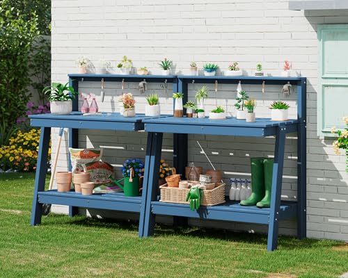 SERWALL Potting Bench Outdoor with Storage Set of 2, 3-Tier HDPE...