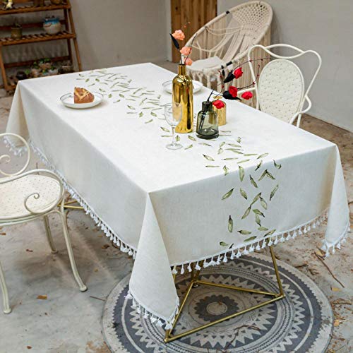 TWYYDP Nappe Rectangle Les Feuilles Vertes sont Brodées,Coton Et Lin Blancs À Franges Accueil Nappe D'Hôtel,140x260cm