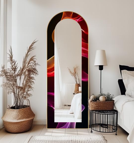 Specchio da pavimento a onde luminose cremisi da 23,5'' W x 67''H Crimson Drift - Specchio da pavimento arcuato a tutta lunghezza - Specchio da pavimento colorato con cornice nera
