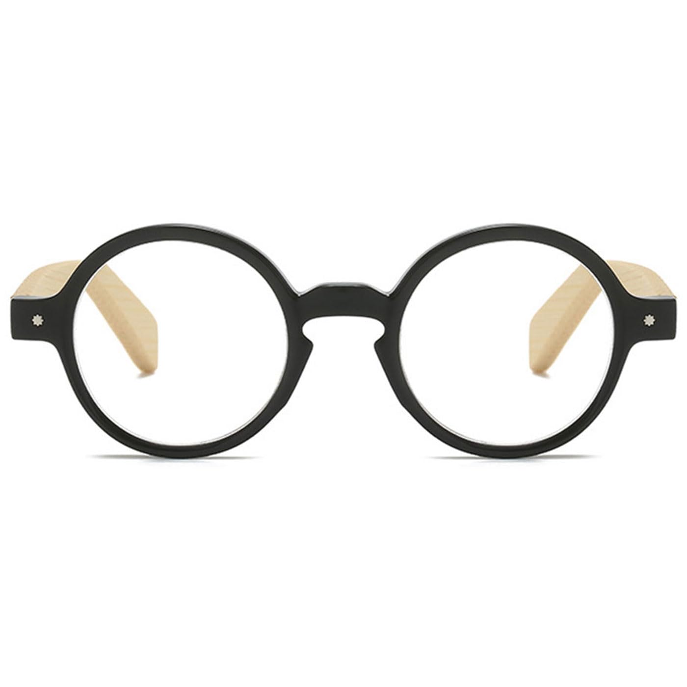 ABETOS Round Wood Look Reading Glasses for Men Women Spring Hinges Retro Fashion Wood Readers with Bamboo Temples, Black+3.0