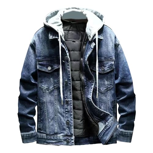 JEKE-DG Men's Distressed Denim Hoodie Jacket Button Up Washed Casual Jean Coat Long Sleeve Trucker Hooded Jackets