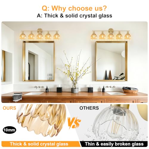 Image of Bathroom Light Fixtures, 5-Light Brushed Gold Vanity Lights for Bathroom with Amber Tulip Glass Shade, 30 inch Vintage Bathroom Vanity Lighting Fixtures Over Mirror for Bedroom Living Room Hallway