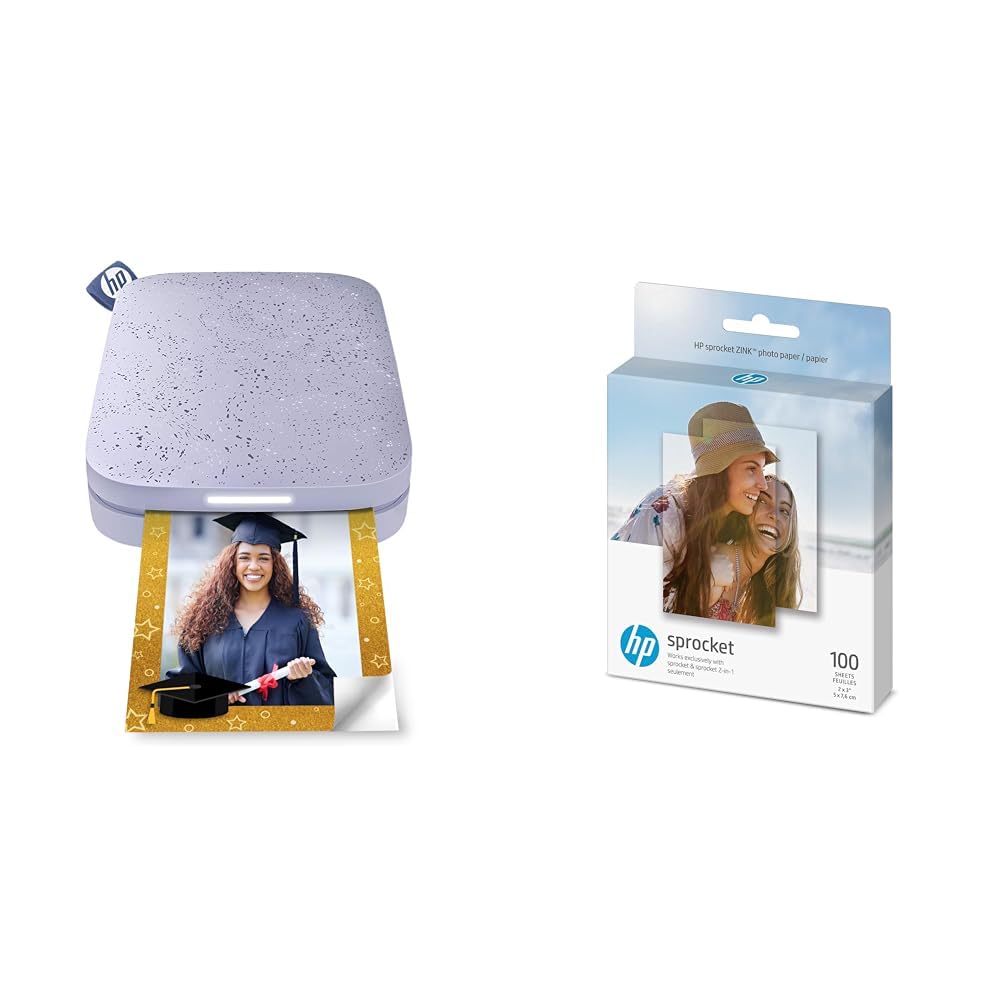 HP Sprocket (2ª edición) Impresora fotográfica portátil, Impresión instantánea 2 x 3 Fotos Bordadas & Sprocket Papel fotográfico Adhesivo Premium de Zink de 5 x 7.6 cm (100 Hojas)