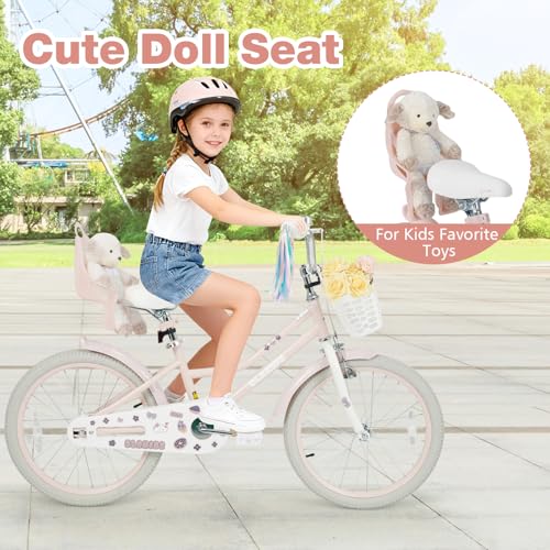 Image of Olakids Kids Bike, 12 14 16 18 20 Inch Girls Bicycle with Doll Seat Basket Adjustable Seat and Handlebar, Handbrake and Coaster Brake