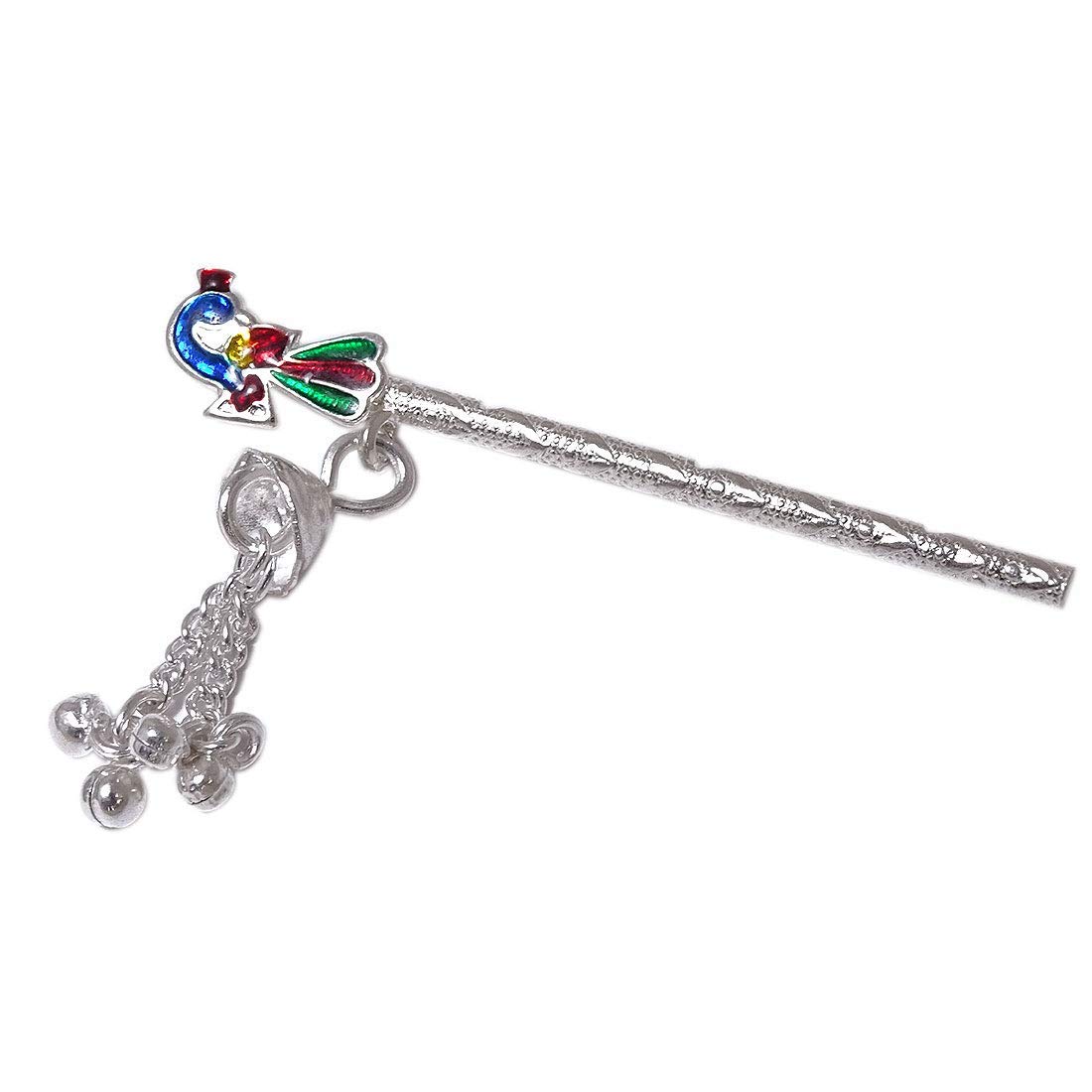 Sahiba Gems Silver Peacock Designer Flute (Basuri) With Silver Ghungroo for Lord Krishna, Janmashthami Poojan ~ Length 10.00 Centimetre (small size)