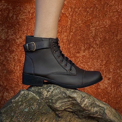 Bota Militar Feminina Cano Médio Confortável Estilo Coturno Cor:Preto;Tamanho:37