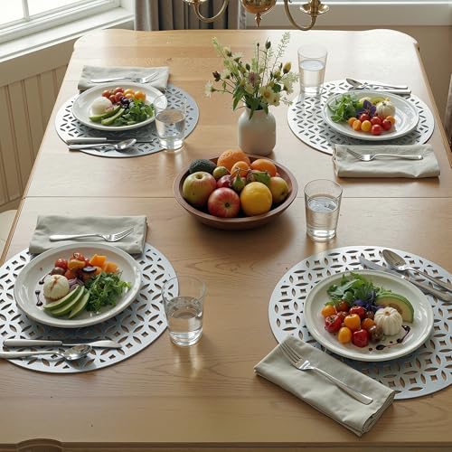 Image of Kuber Industries 4 Pcs Set Leather Round Side Table Mats | Reusable and Washable Dining Table Mat for Party, Wedding and Family Functions | Silver