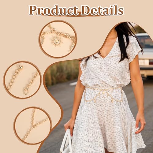 Gold Waist Chain Plus Size, Sun Moon Star Waist Chain, Decorative Metal Belt for Women Jeans Pants Dresses - Fits Size 23-45 inch3