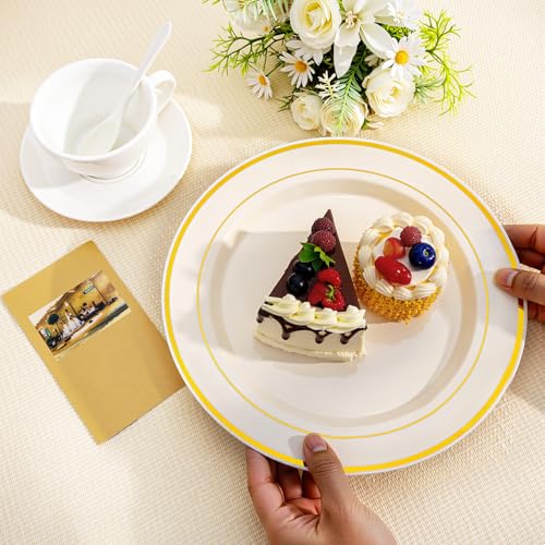 Image of I00000 200 Pcs Gold and Ivory Plastic Plates, Ivory Disposable Party Plates Include 100 Dinner Plate 10'' and 100 Plastic Dessert Plate 7'' Perfect for Birthday, Party & Wedding