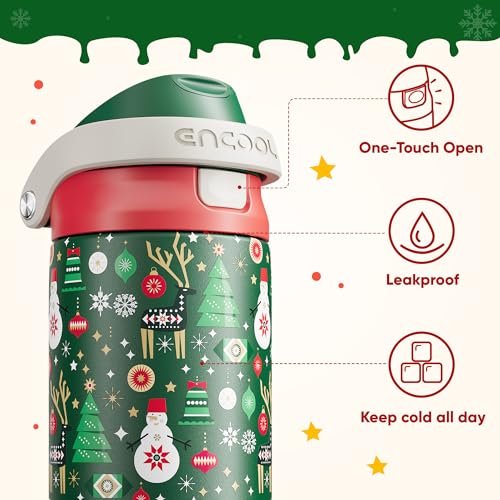 Image of Christmas Insulated Water Bottle with Straw - Leak Proof Stainless Steel Water Bottle for School, Travel, Keeps Cold All Day, One-Touch Flip Lid, Holiday Gifts For Women Men, 24 oz, Frosty Forest