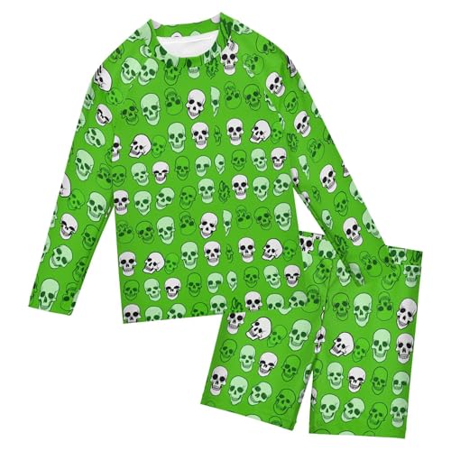 Skull Green Boys Rash Guard Swimsuits Set for Boys Long Sleeve Swim Shirts Bathing Suits with Trunks B0404404