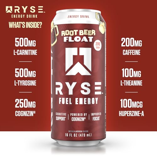Image of RYSE Fuel Energy Drink - Root Beer Float - Sugar Free - 200mg Natural Caffeine, New Formula to Supports Cognitive Health & Improves Focus - No Artificial Colors - 16 fl oz Cans (12-Pack)