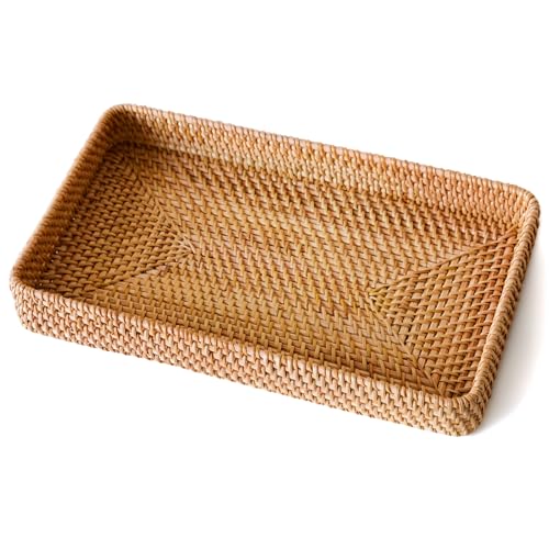 Wicker Storage Basket, Rattan Tray Rectangular for Bathroom Living Room, Decorative Serving Woven Trays Wicker Baskets for Organizing, Woven Seagrass Tray for Storage Home Decor L(14.6' × 9.1')
