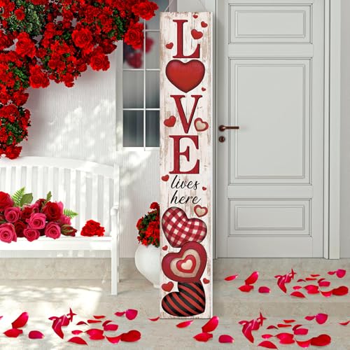 Memorywuu Valentine's Day Porch Sign Vertical Love Lives Here Wooden