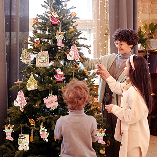 27Pcs Vintage Christmas Ornaments-Pink Christmas Decoration Vintage Style Santa Claus Snowman Deer Hanging Wooden Signs Pink Christmas Ornaments For Tree(Pink Christmas) #TOP1