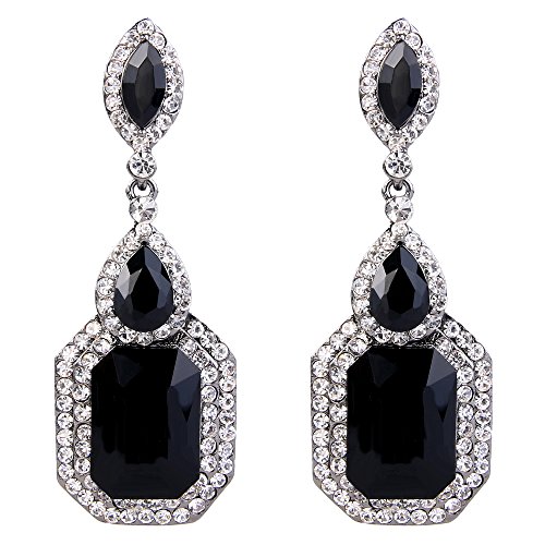 BriLove Wedding Bridal Dangle Earrings for Women Emerald Cut Crystal Infinity Figure 8 Chandelier Earrings Black/Clear Black-Silver-Tone