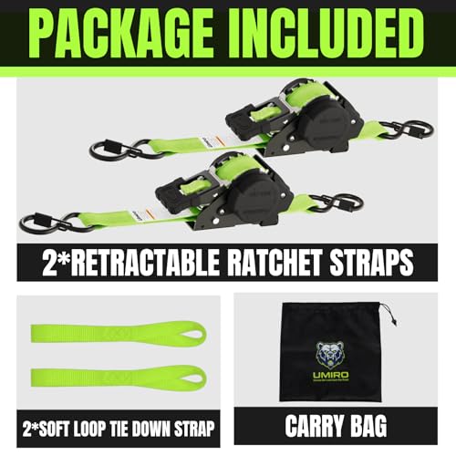 Image of Retractable Ratchet Straps 1 Inch x 12 Feet Heavy Duty Tie Downs Auto Retract Strap 1760lb Break Strength,Self Retracting for Truck,Cargo,Trailer,Motorcycle,ATV,UTV (Fluorescent Green,2 Pack)