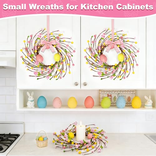 Image of 4 Pcs Easter Decorations Small Easter Wreath, 11 Inch Easter Decor Mini Easter Egg Wreaths with Flowers Berries Artificial Spring Wreath for Table Mantle Kitchen Cabinets Door Window Wall Home Decor