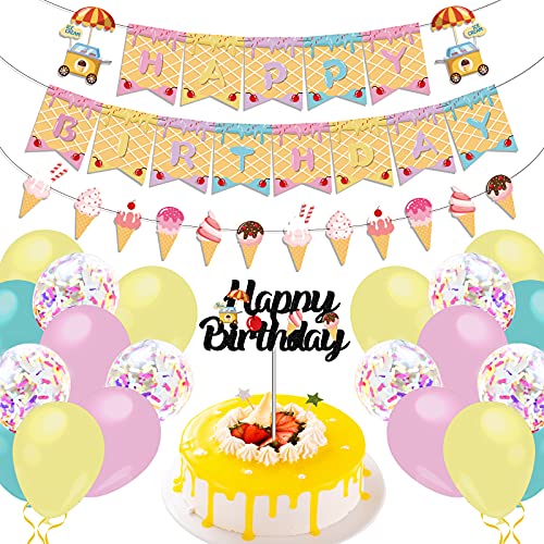 Erprobeen Ice Cream Theme Party Supplies - Ice Cream Themed Happy Birthday Banner Cake Topper 12” Color Confetti Balloons For Kids Girls School Summer Holiday Birthday Party Baby Shower Decorations #TOP1