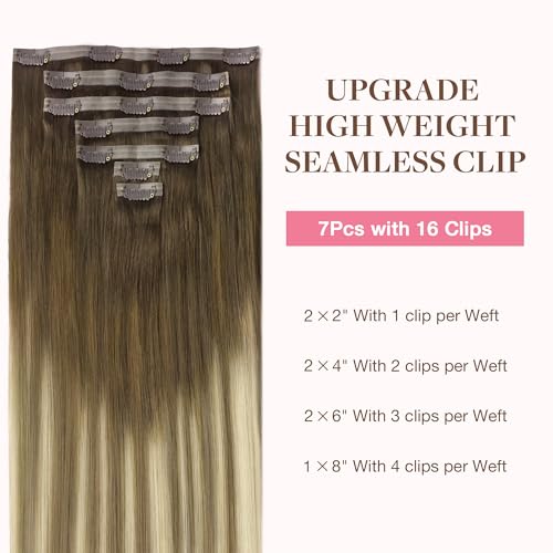 Image of GOO GOO Clip in Hair Extensions Real Human Hair, Remy Human Hair Extensions Clip ins for Women, Natural Human Hair, 16inch 110g 7Pcs, 3 /8 /613 Balayage Walnut Brown to Ash Brown and Bleach Blonde