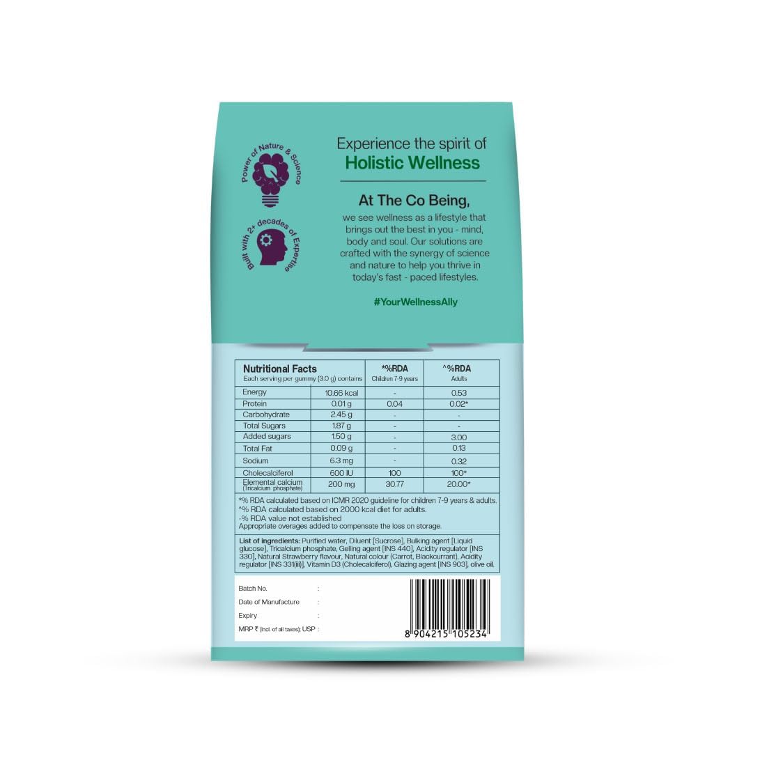 The Co Being’s Calcium Gummies with Vitamin D3 for Men, Women, and Kids, Vitamin D Supplement for Stronger Bones, Joints, and Teeth Health, Dairy Free, Vegan, 30 Day Supply, Natural Strawberry Flavour The Co Being’s Calcium Gummies with Vitamin D3 for Men, Women, and Kids, Vitamin D Supplement for Stronger Bones, Joints, and Teeth Health, Dairy Free, Vegan, 30 Day Supply, Natural Strawberry Flavour