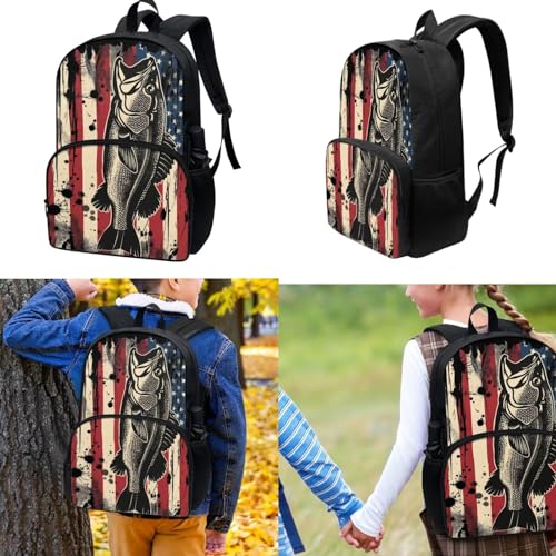 American Flag Fish Backpack for Boys Girls Primary Middle School Bookbag Set with Lunch Box Pencil Case Kindergarten Kids Schoolbags Rucksack Daypack 3 In 1 Set2