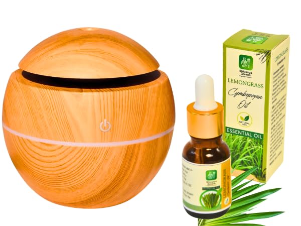 Shivanya Greens Diffuser Round Ball Shape Aromatherapy Diffuser & Ultrasonic Cool Mist Humidifier Natural Aroma Therapy Air Diffusers with 100% Natural Lemongrass Essential Oil (15ML)