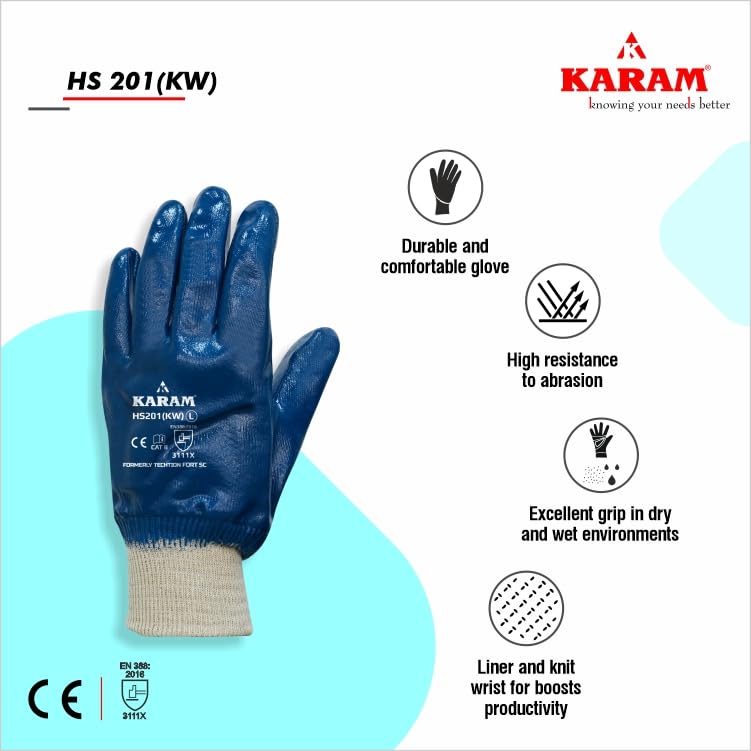 Image of KARAM HS201(KW) Nitrile Fully Coated Safety Glove with Knit Wrist | Excellent Flexibility & Dexterity | Oil Repellent, Abrasion Resistant Work Gloves | Size-L | Pack of 3
