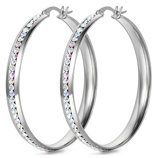 JewelryWe Par av fantastiska örhängen i rostfritt stål med hög glans inifrån och ut ringörhängen set med strasstenar, 2 st (med presentpåse)