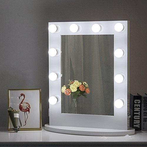 Chende 25.6 x 19.7 Inches Hollywood Mirror with Light Bulbs, Lighted Vanity Mirror for Wall Makeup with Dimmer and US Outlet, Gloss Aluminum Tabletop Light up Mirror for Bedroom Vanity