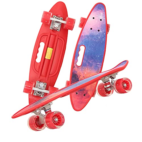 Mini Cruiser Retro Skateboard Komplettboard für Kinder Jugendliche mit LED Leuchtrollen und Tools für Anfänger (Sternenhimmel)