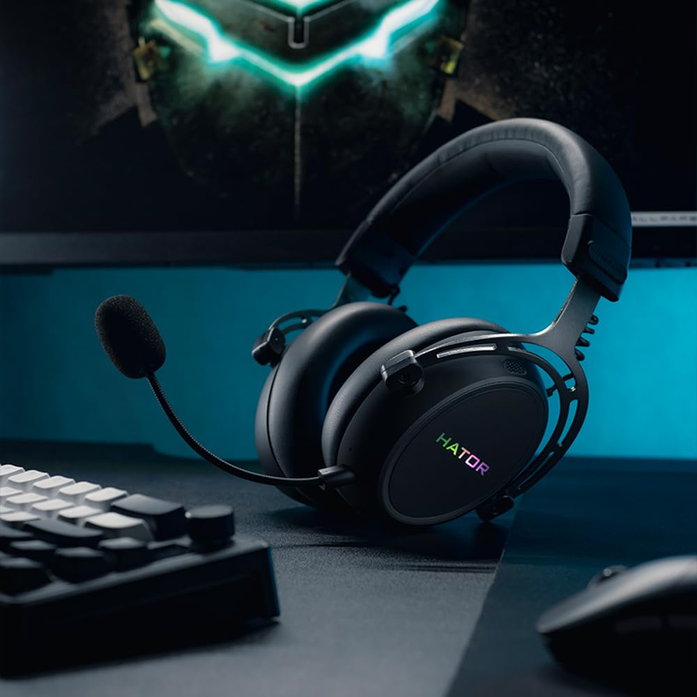 HATOR Hypergang 3 Wireless Gaming-Headset – Hi-Res Audio, Hybrid ANC, 45h Akku, Spatial Audio, Bluetooth & 2.4GHz, abnehmbares Mikrofon, RGB, Head Tracking, SyncHUB App – Schwarz