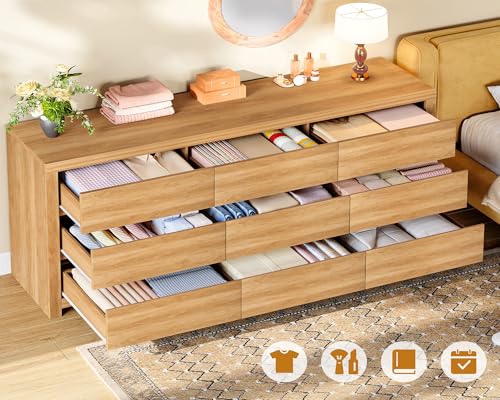 Image of TEENFON 63 inch Dresser for Bedroom with 9 Drawers, Modern Dressers & Chests of Drawers with Metal Handles, Wooden Dresser TV Stand, Bedroom Dressers, for Bedroom, Hallway, Natural