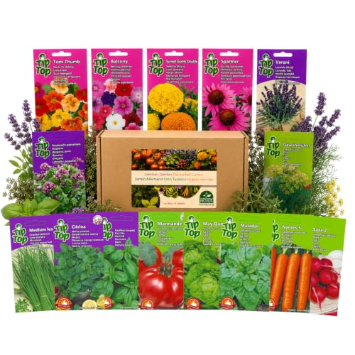 Nojus Colección alemana de semillas de jardín - 15 variedades - Semillas de hierbas, verduras y flores para jardín doméstico, camas elevadas, macetas de balcón y cultivo en cocina - 15 paquetes