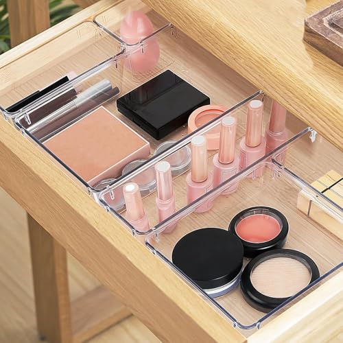 Image of StorMiracle 16 PCS Drawer Organizer Set, 5 Varied Size Bathroom and kitchen Drawer cabinet organizer Trays, Clear Storage Bins for Makeup, Jewelry, Utensils and Gadgets