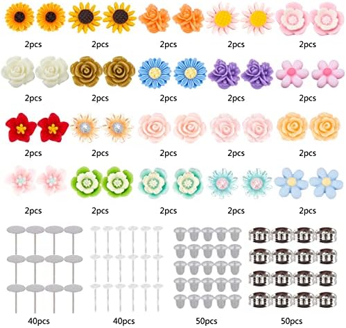 SUNNYCLUE 1 Box DIY 20 Pairs Mixed Resin Flower Flatback Cabochon Studs Earring Kit Resin Rose Daisy Charms with Stainless Steel Post for Jewelry Making Arts Craft Supplies