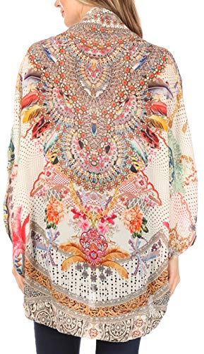 Sakkas Jenna Women's Casual Boho Sheer Kimono Loose Cardigan Cape Trendy Printed2