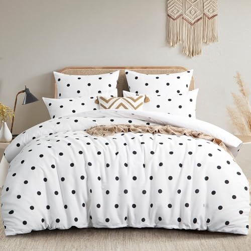 RUIKASI Parure de lit 220 x 240 cm, blanche, 3 pièces, housse de couette 220 x 240 cm, motif à pois, parure de lit 220 x 240 cm, en microfibre, avec...