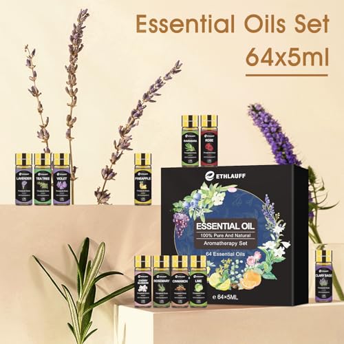 Essential Oil Set 64 Pack -Aromatherapy Essential Oils Kit-Fragrance Oils Perfect for Diffuser, Humidifier, Massage,Soap, Skin & Hair Care, Candle Scented Oil (0.17oz)