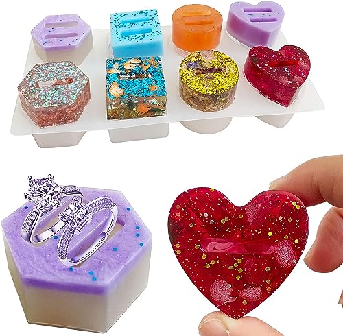 Image of FirstTry Resin Mold I Love Heart Round Hexagonal Square Shape 3D Silicone Ring Holder Tray I Crystal Casting Mould for Handmade Ring Display Storage Rack Art Crafts Home Party Decorations - 8 Cavity