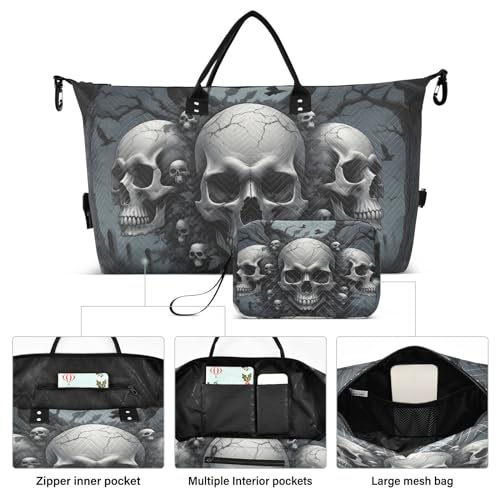 Large Travel Duffel Bag, Three Skull Sports Tote Gym Bag, Shoulder Weekender Overnight Bag for Women Men, Carry On Luggage with Toiletry Bags2