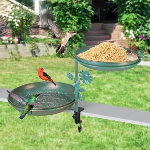 Qipade 2 Layer Deck Bird Bath, Deck Mounted Bird Bath with Adjustable Sturdy Clips, Dual Use Outdoor Bird Baths for Attracting Birds Cover