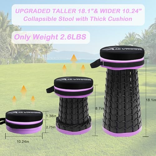 Image of ALEVMOOM 2026 Collapsible Stool with Thick Cushion, H18.1 D10.24 Portable Telescoping More Sturdy Load Capacity 600Lbs, Retractable Adjustable Camping Folding Stool for Outdoor Hiking BBQ Climb