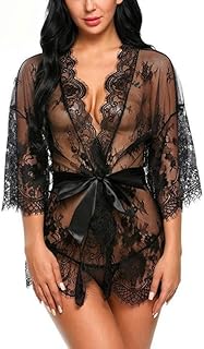 Robe kimono en dentelle pour femme - Nuisette sexy en maille transparente - Chemise de nuit