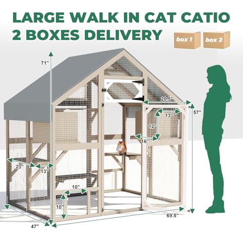 Image of 71 inch H Catio Outdoor Cat Enclosure Weatherproof, Large Walk-in Cat House Attached Window for Multiple Cats, Waterproof Cat Cage Kitty Enclosure Outside with 2 Condos, 6 Platforms