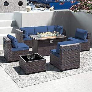Outdoor Patio Furniture Set with Gas Fire Pit Table, 8 Pieces Outdoor Furniture Set Patio Sectional Sofa w/43in Propane Fire Pit, PE Wicker Rattan Patio Conversation Sets (Dark Blue) Outdoor Patio Furniture Set with Gas Fire Pit Table 8 Pieces Outdoor Furniture Set Patio Sectional Sofa w43in Propane Fire Pit PE Wicker Rattan Patio Conversation Sets Dark Blue