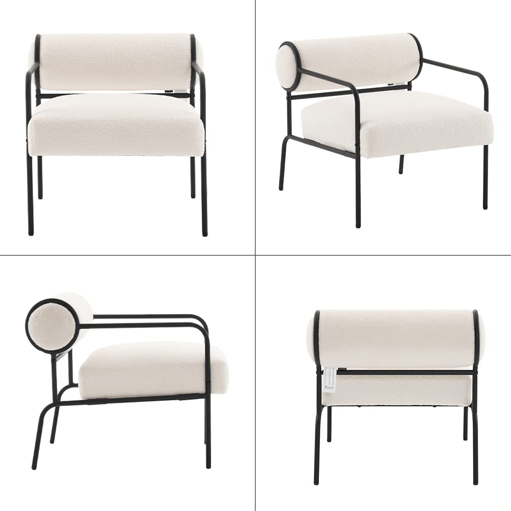 Mingone Sessel Weiß Cocktailsessel Modern Loungesessel Ohrensessel Lammwolle mit Schwarz Metallbeinen für Wohnzimmer Schlafzimmer bis 120kg